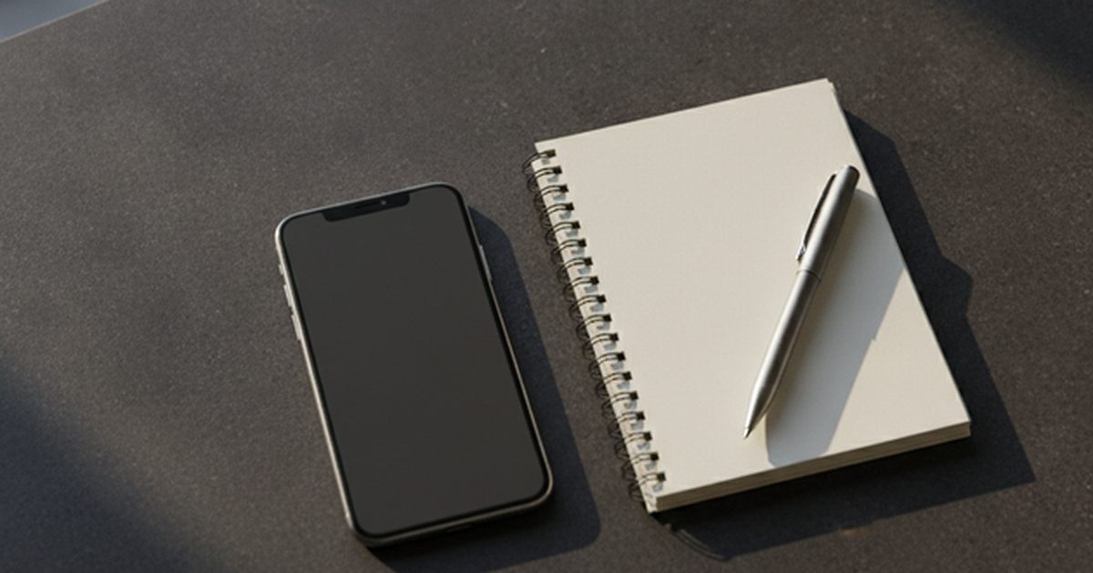 Martwa natura: smartfon lezacy ekranem do gory na ciemnym blacie, obok notes i dlugopis, chlodne swiatlo. Ekran pusty, bez interfejsu. BEZ ludzi, BEZ twarzy, BEZ napisow i liter.