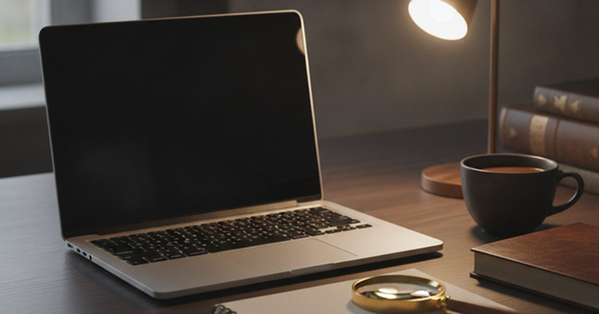 Martwa natura: otwarty laptop na ciemnym biurku, ekran wygaszony, obok notes, lupa i kubek kawy, wieczorne swiatlo lampki. BEZ ludzi, BEZ twarzy, BEZ napisow i liter, BEZ interfejsu na ekranie.
