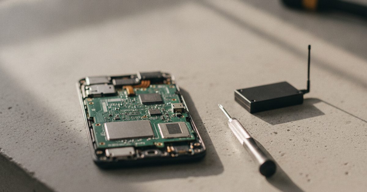 Zblizenie wypelniajace caly kadr: rozlozony smartfon z widoczna plytka drukowana, obok maly czarny nadajnik i precyzyjny srubokret. Obiekty wysrodkowane i ostre, zajmuja wiekszosc obrazu. BEZ ludzi, BEZ twarzy, BEZ napisow i liter.
