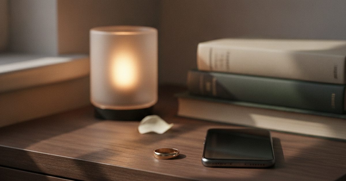 Martwa natura: obraczka lezaca na nocnym stoliku obok odwroconego ekranem w dol telefonu, przygaszone wieczorne swiatlo lampki. BEZ ludzi, BEZ twarzy, BEZ napisow i liter.