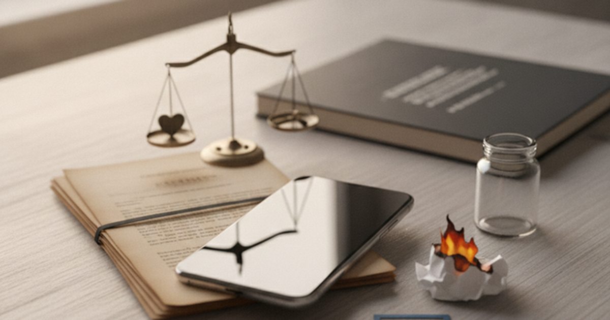 Smartfon ekranem w dół obok wagi symbolizującej ocenę dowodów